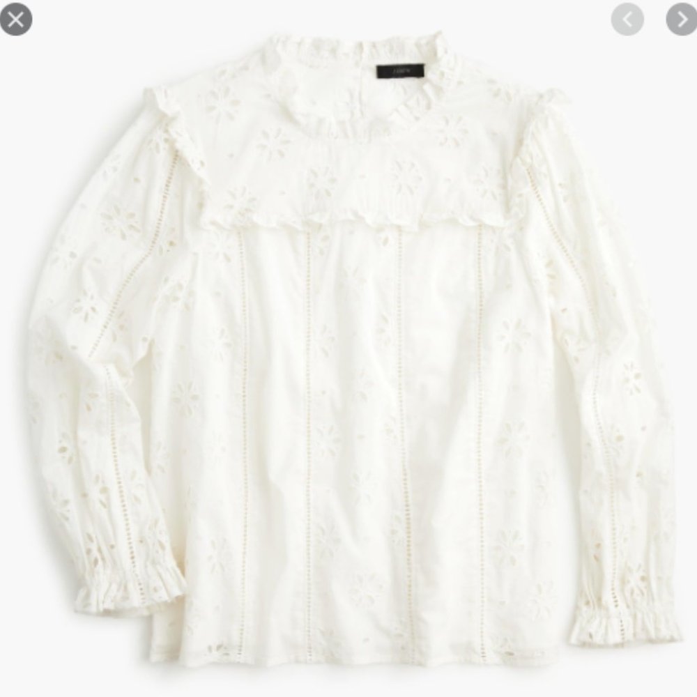 White Long-sleeve ruffle-neck top in eyelet